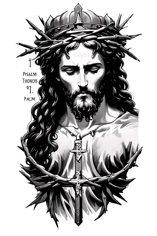 Catholic faith thigh tattoo Psalm 91:1-2, 4 Jesus with Crown of Thorns tattoo design idea