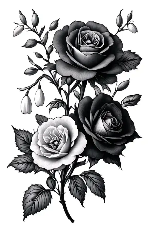carnations, snowdrops, daffodils, roses intertwined tattoo design idea