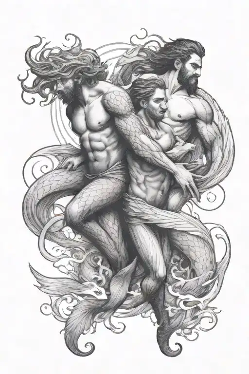 two merman protecting a man tattoo design idea