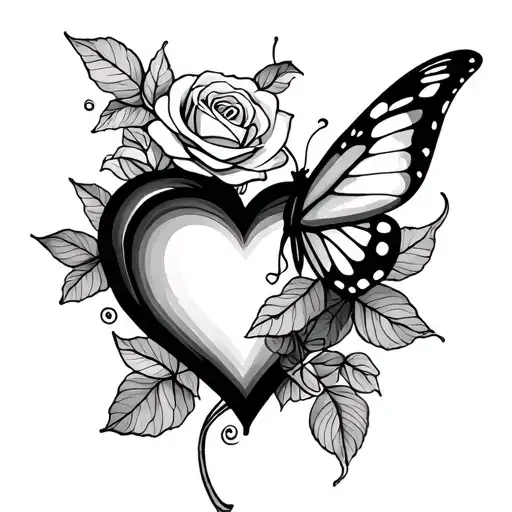 basic one single line flowing tatoo including a rose heart and butterfly  tattoo design idea
