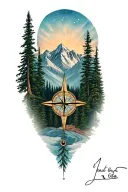 mountains with forest trees compass seasons  tattoo design idea