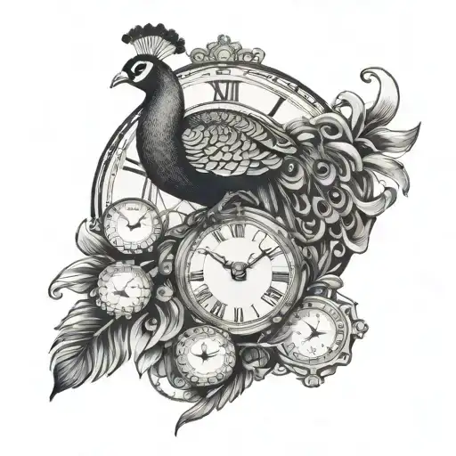 peacock and timepieces tattoo design idea