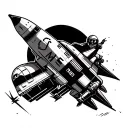 rocket ship takeoff with astronaut hanging on the side with the other side having a unlimited speed limit si tattoo design idea