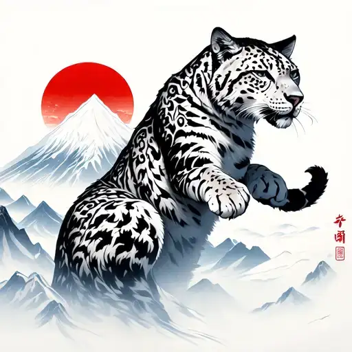Japanese style colorful full back with all 8000 meters mountains , red sun coming mountains and one snow leopard fighti tattoo design idea
