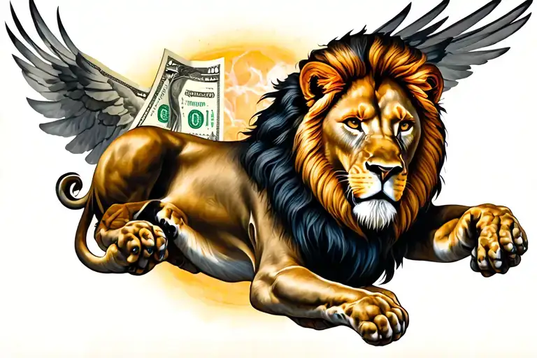 lion on money flying tattoo design idea