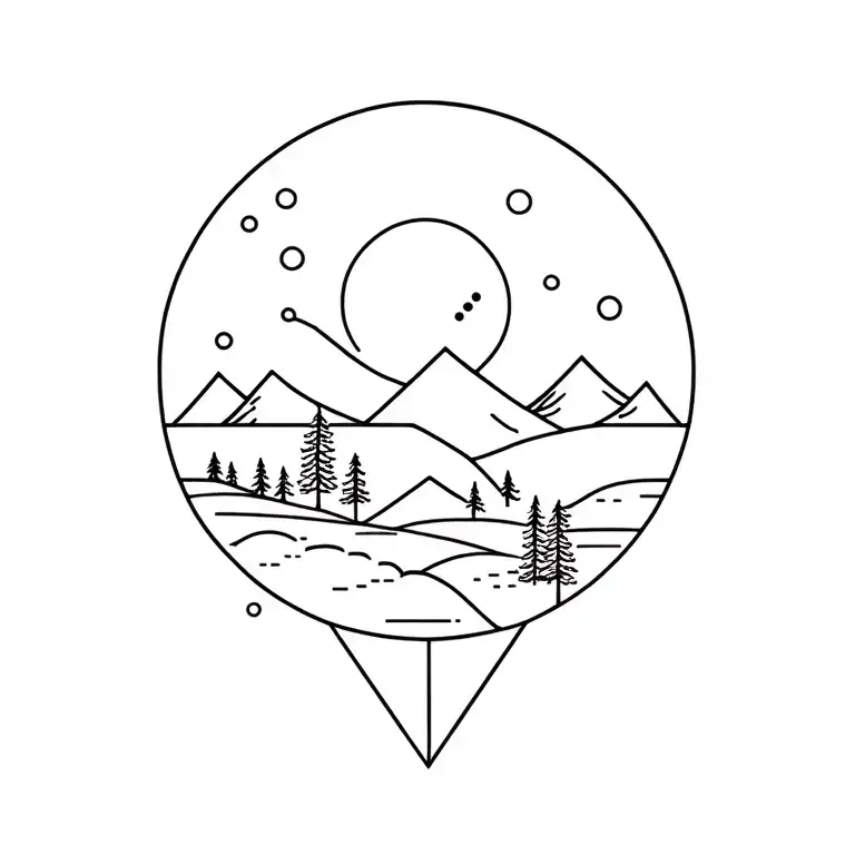 Geometric, moon, mountain, forest scene with a hidden tattoo design idea