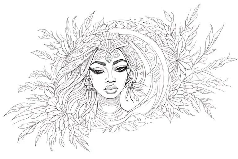 African goddess surrounded tattoo design idea