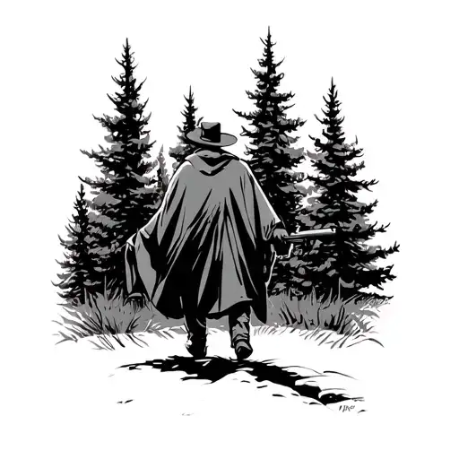 gunslinger in poncho walking in evergreen forest tattoo design idea