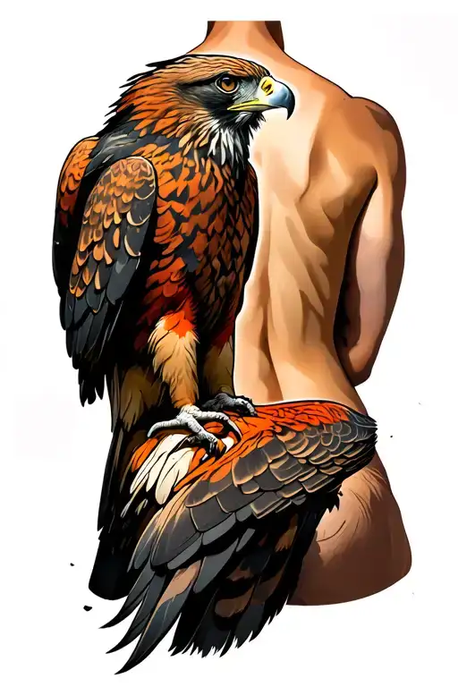 The back of a hawk looking back. The bottom half of the body converts into a tribal. Add shadowing and hawk red color.  tattoo design idea
