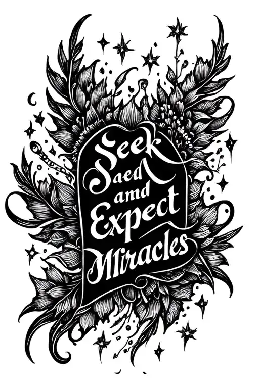 "Seek and Expect Miracles" scroll letter with quilpen tattoo design idea