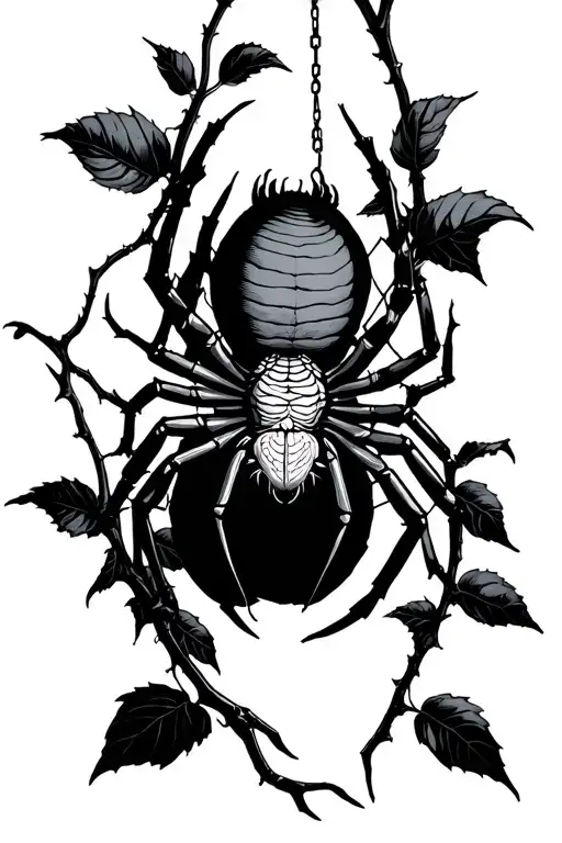 spider hanging from a web in between vines tattoo design idea