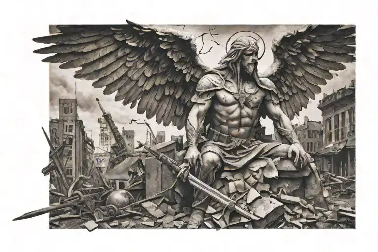 War ravaged guardian angel with weapons over looking destroyed city tattoo design idea