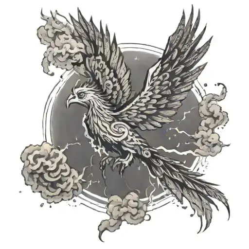 A phoenix flying through a stormy sky, with lightning bolts shaped like coding symbols tattoo design idea