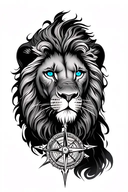 Lion with blue eyes and compass under it, complex with a lot of details tattoo design idea