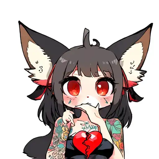 anime shy fox girl with tattoos stitching together a broken heart tattoo design idea