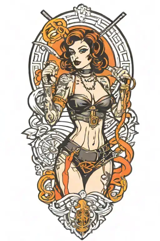 A traditional style tattoo of a fierce and elegant dominatrix holding a whip adorned with chains, with bold lines and vibrant colors to make the design pop tattoo design idea