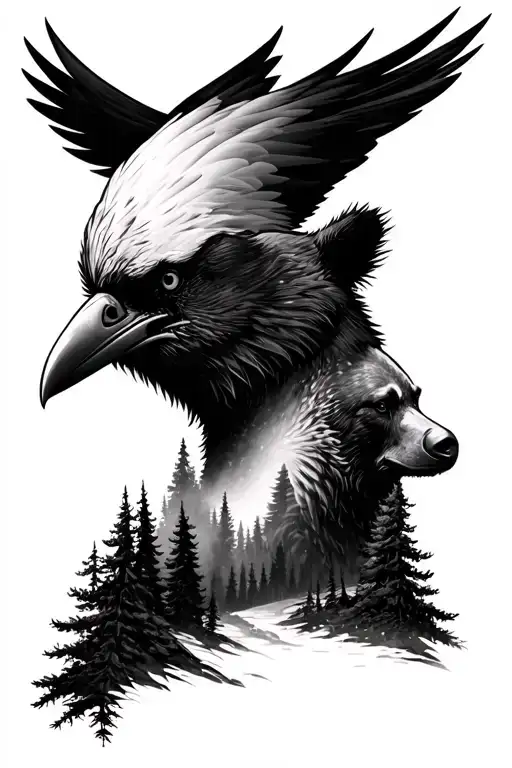 half head of a Raven combined with half head of a bear with forest landscape tattoo design tattoo design idea