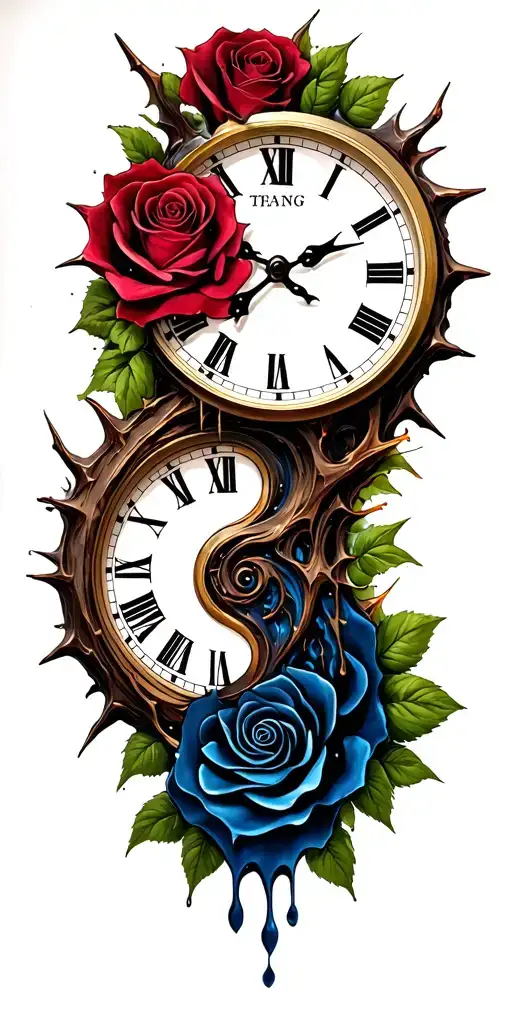2 melting clocks merging to make on clock,  ying-yang symbol, roses and thorns tattoo design idea