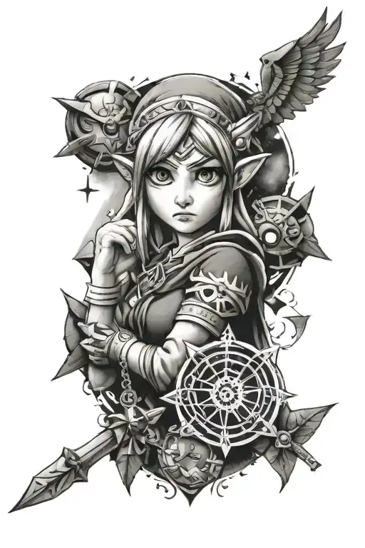 Legend of zelda sleeve tattoo featuring majoras mask, princess zelda, clocktown, link, the moon, iron knuckle tattoo design idea