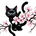 sakura blossoms and a black cat playing tattoo design idea