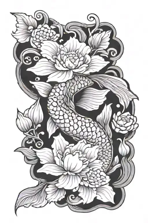bright koi carp in flowers tattoo design idea