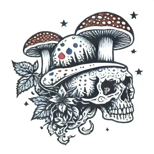 human with amanita muscaria mushroom tattoo design idea