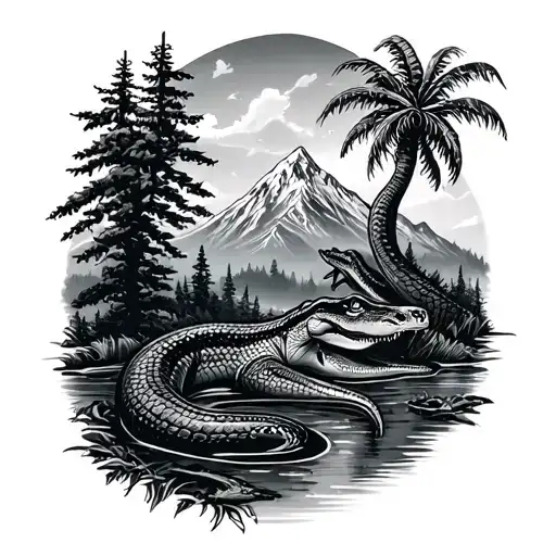 palm and pine trees, snowy mountains, crocodile, snake tattoo design idea