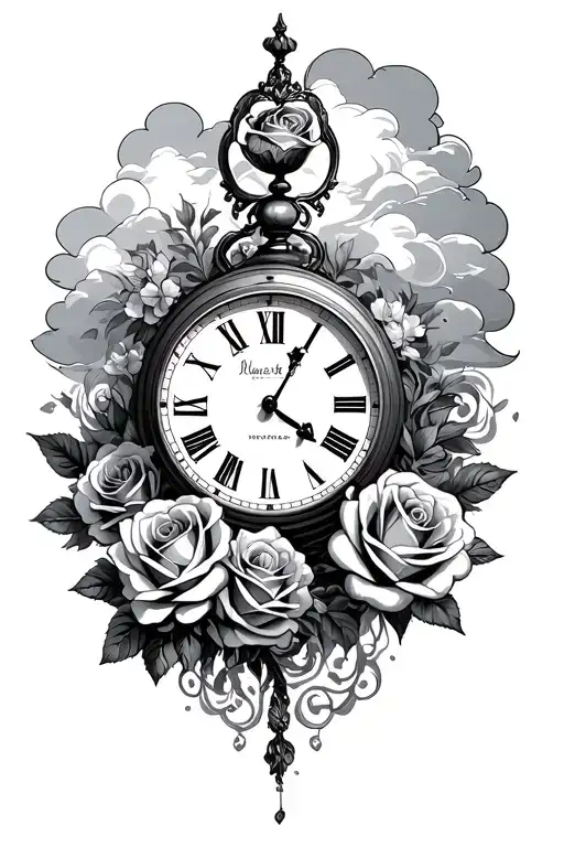 Clock with roses and clouds  tattoo design idea
