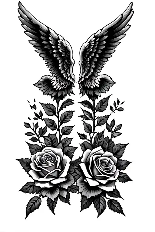 wings closed with roses and thorns going down the middle tattoo design idea