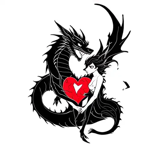 tattoo of a black dragon wrapped around a shattered heart held by a fox woman tattoo design idea
