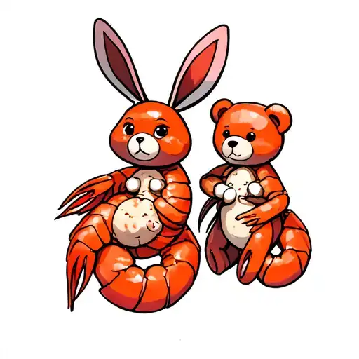 3 Shrimps, one as a groom, one as a beide and die Last one as a babyshrimp with bunny ears and a teddybear in her arms tattoo design idea