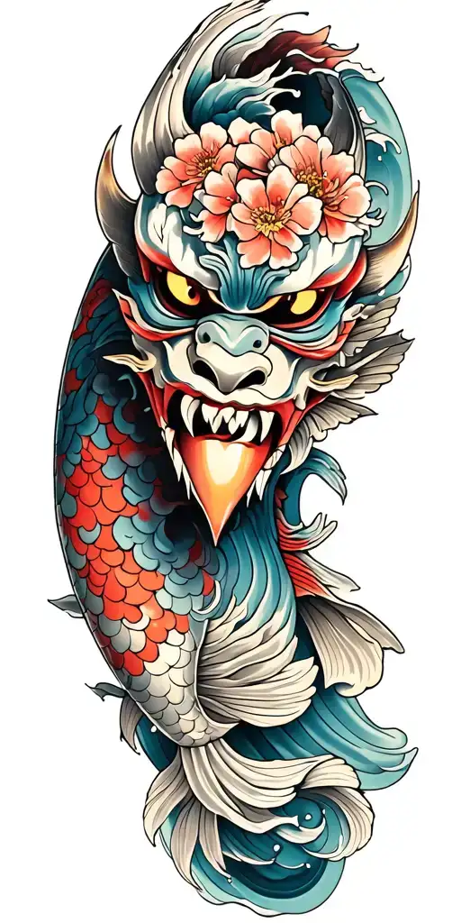 flowers oni demon mask koi fish waves skin breaks loose tattoo design idea