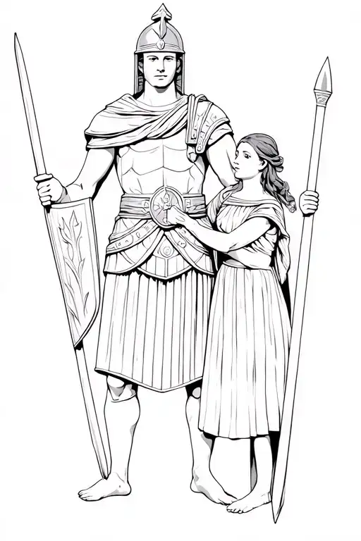Roman soldier standing with a shield protecting a girl behind him tattoo design idea