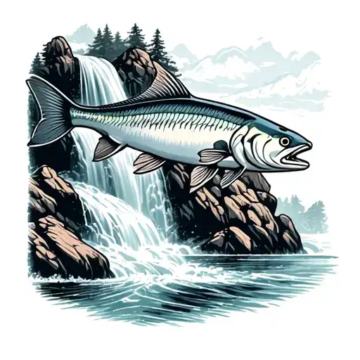 rock jumping salmon in waterfall tattoo design idea