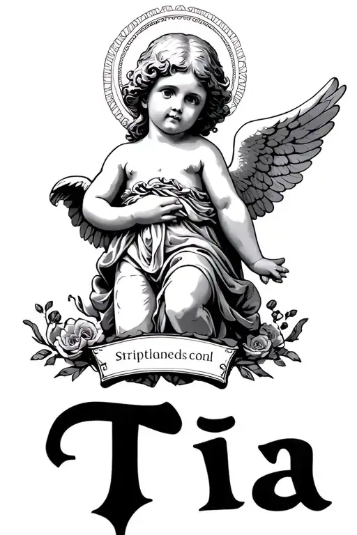 Angel or Cherub with a nameplate or halo, “Tia” scripted beneath tattoo design idea