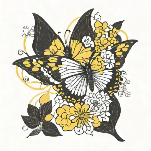 japanese style butterfly with flowers and yellow heart tattoo design idea