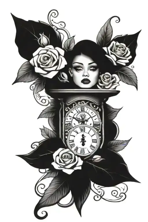 Roses, eyes, women, clocks, hourglass, flowers tattoo design idea