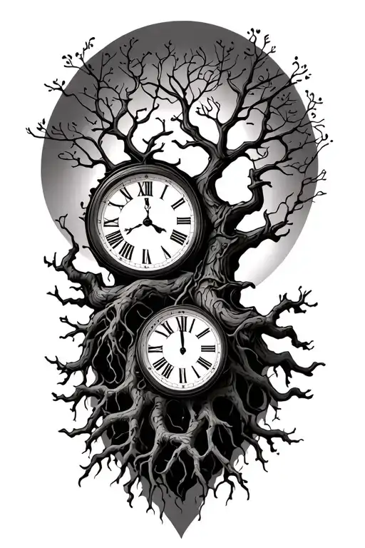 Bare Branch Tree With Thick Roots And Clock Tattoo tattoo design idea