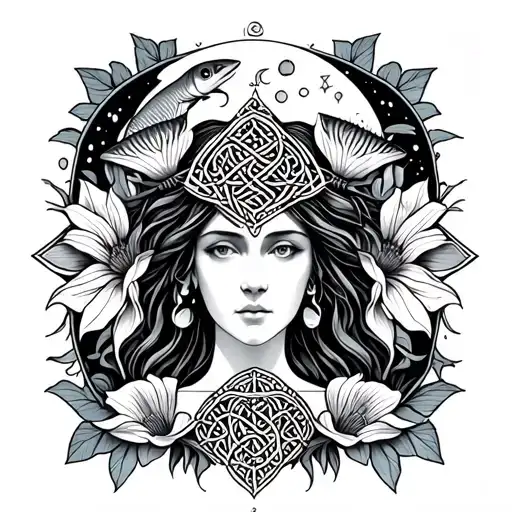 Celtic Goddess, Danu. Surrounded by Salmon, the moon and Moonflowers tattoo design idea