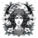 Celtic Goddess, Danu. Surrounded by Salmon, the moon and Moonflowers tattoo design idea