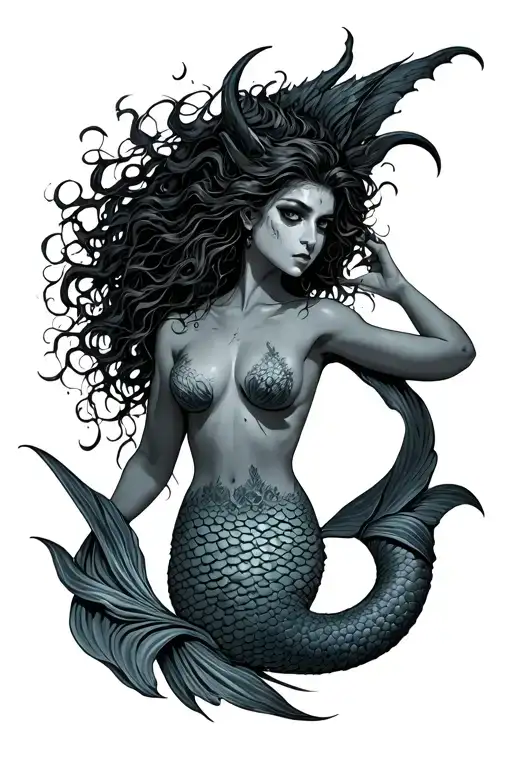 evil mermaid topless  tattoo design idea