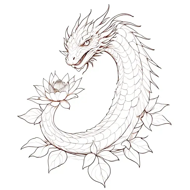 Japanese Water Dragon with eyes gently opening surrounded by lotus blossoms  tattoo design idea