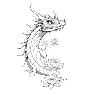 Japanese Water Dragon with eyes gently opening surrounded by lotus blossoms  tattoo design idea