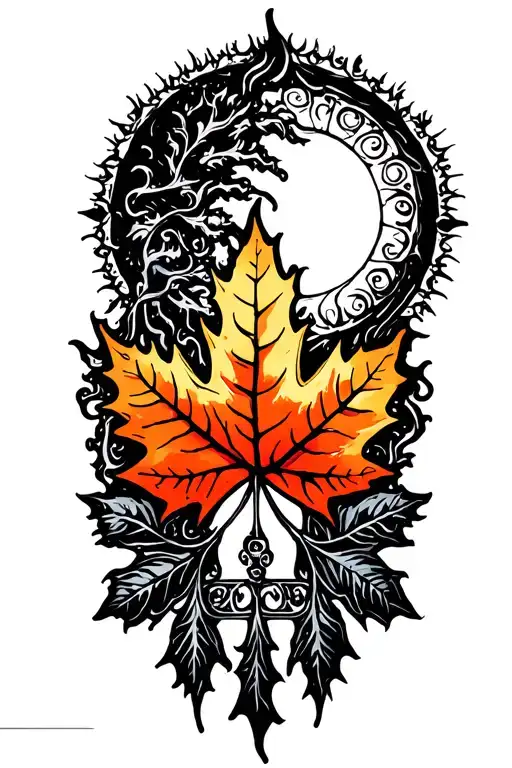 sun with maple leaf shaped like tattoo design idea