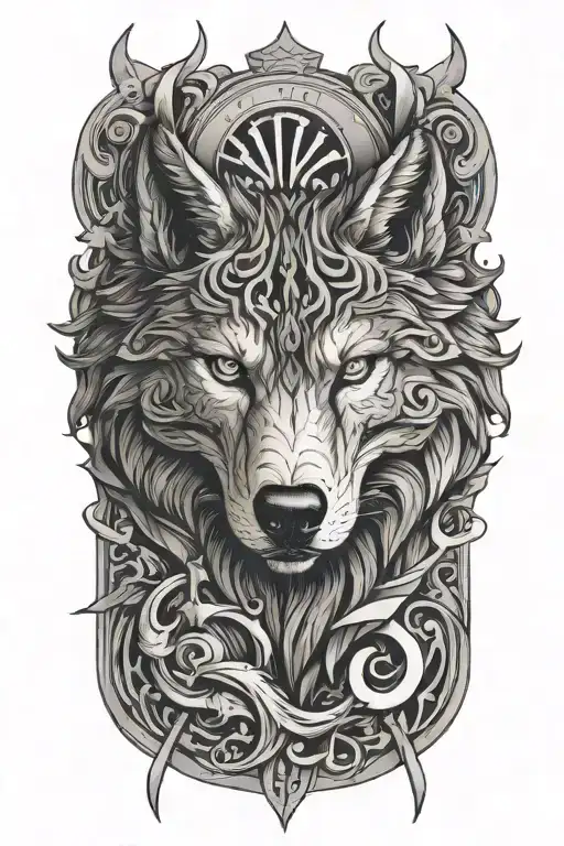 A wolf surrounded by waves, knifes and tears, also a date of birth in roman numbers "MCMLXXXI" tattoo design idea