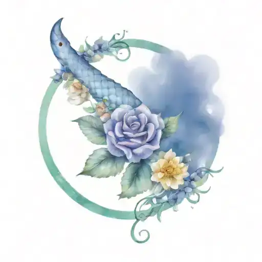 amethyst purple and nuclear blue snake in the centre of a wreath made out of roses, lilies and marigolds  tattoo design idea