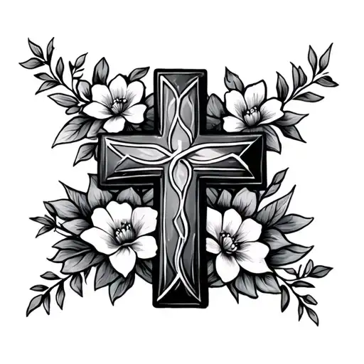 dainty cross with the stem of the cross showing Trigger in elegant cursive with flowers (cleavage tattoo) tattoo design idea