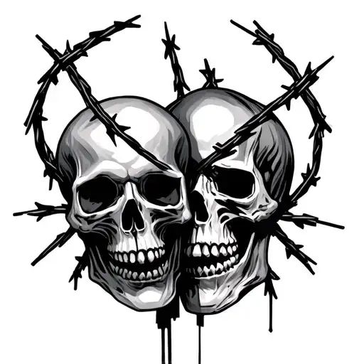 graveyard with barbed wire skulls facing each other tattoo design idea
