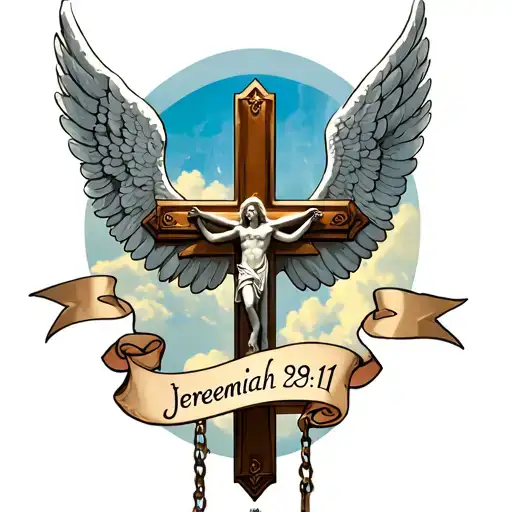a cross with big angel wings and a banner that says jeremiah 29:11 tattoo design idea