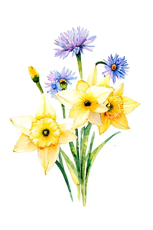 daffodil and aster flowers beside eachother tattoo design idea